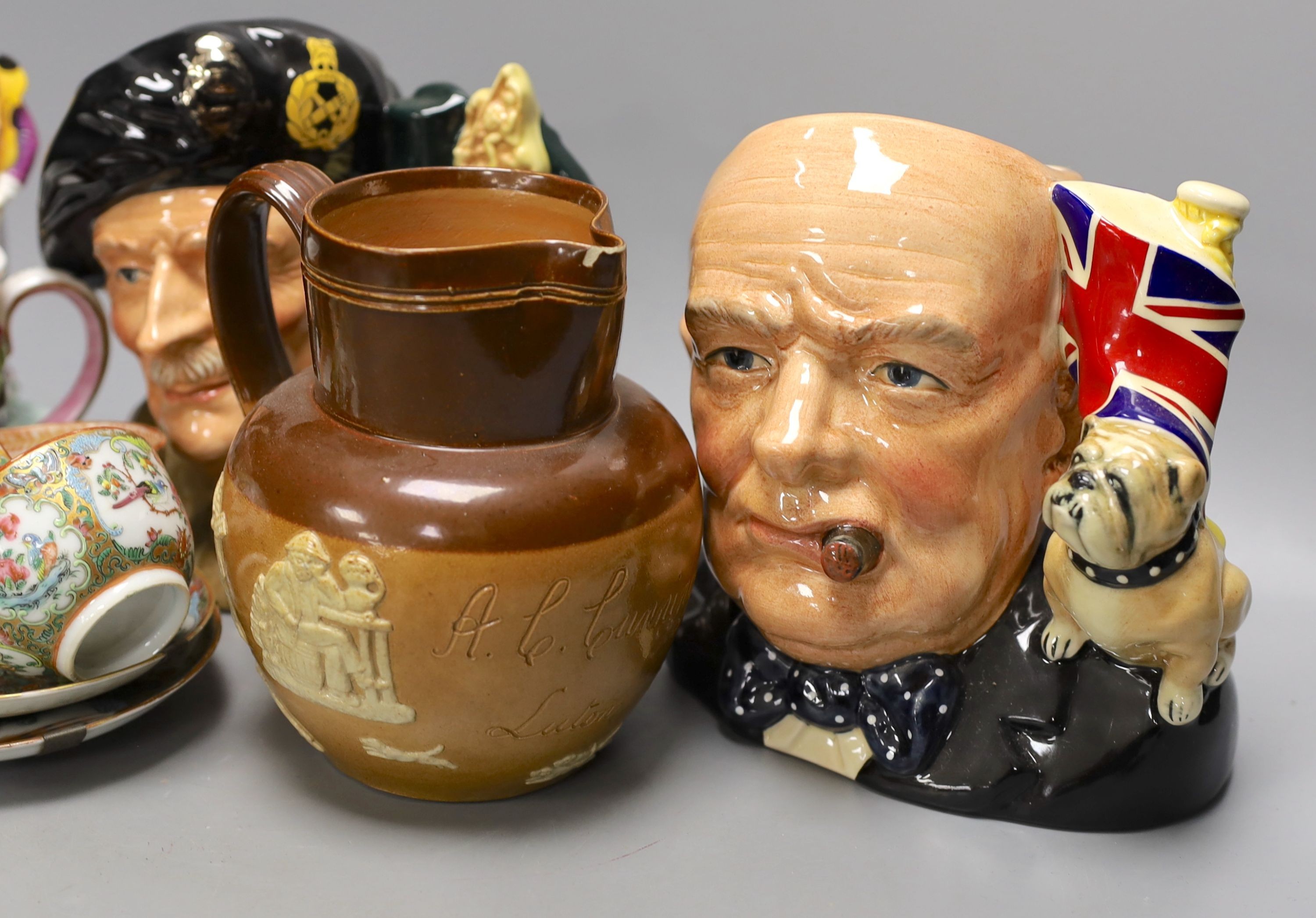 Three Royal Doulton jugs, Road Doulton figure the young master HN2872 and two other jugs and Chinese famille rose tea wares